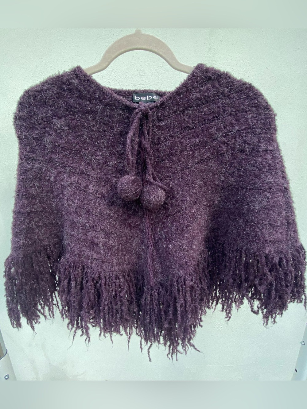 Y2K bebe Purple Whimsygoth Fuzzy Fringe Pom Pom Poncho One Size